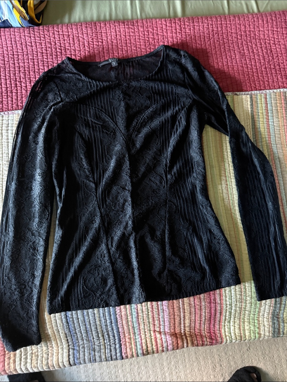 Guess Black Lace Long-Sleeve Scoop Neck Top